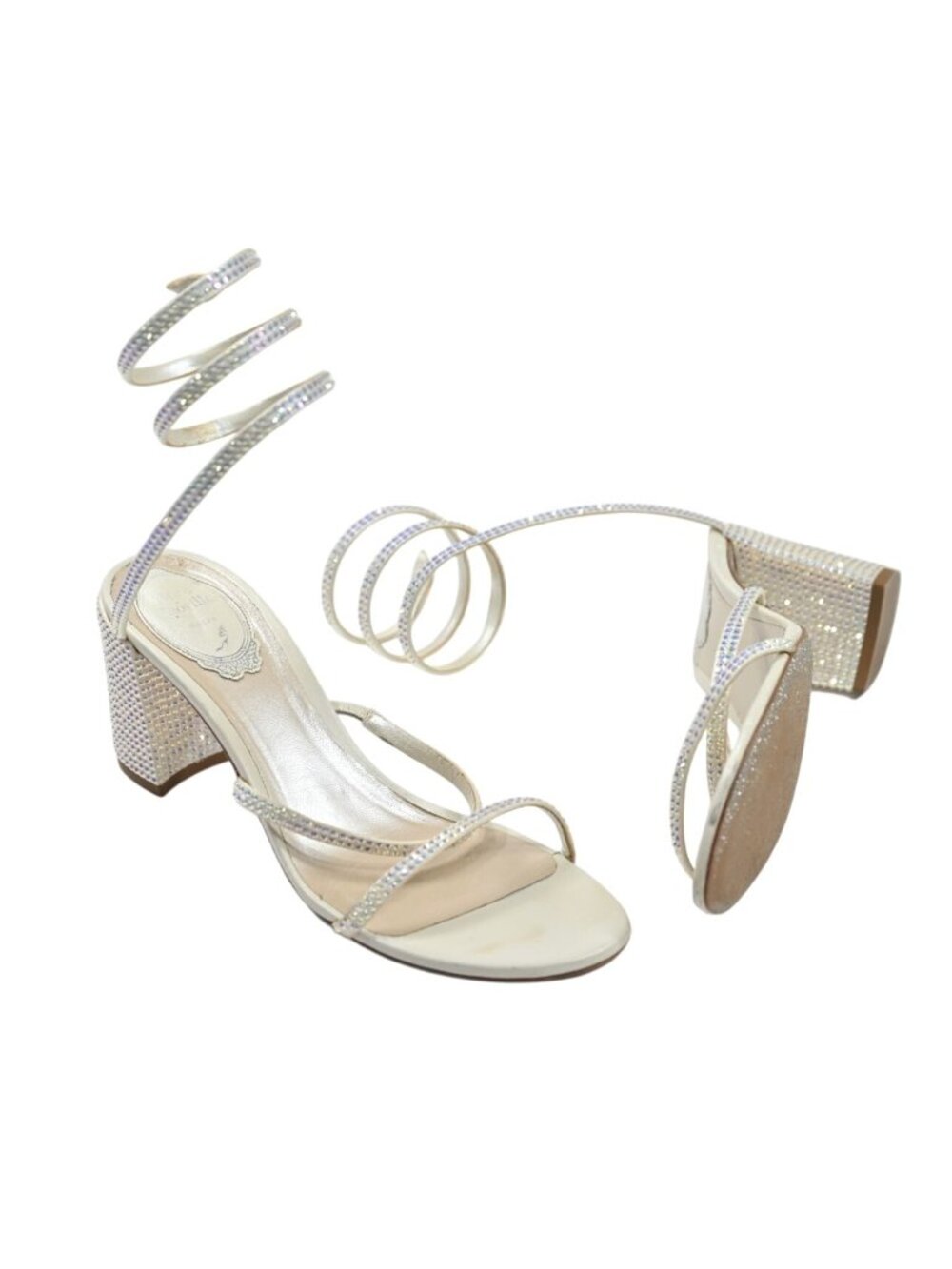 Rene Caovilla Cleo 85mm Snake-Wrap Block-Heel Sandals in White
